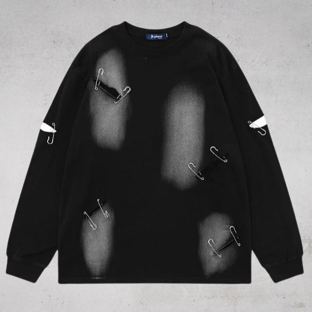 DISTRESSED SAFETY PIN LONG TEE(ダメージ×ピン付きロングTシャツ)