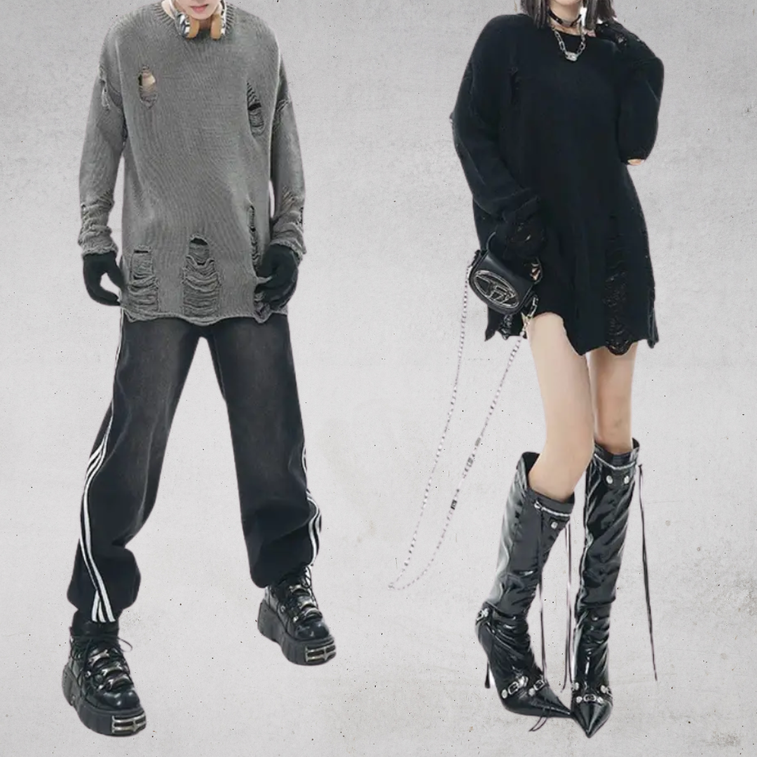 DISTRESSED OVERSIZED JACQUARD KNIT SWEATER-ディストレスト オーバーサイズ ジャカード ユニセックスニットセーター
