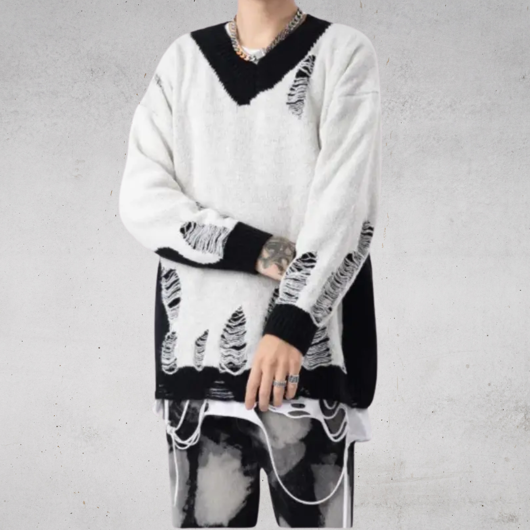 VINTAGE DAMAGE V-NECK KNIT SWEATER-ヴィンテージVネックダメージニットセーター