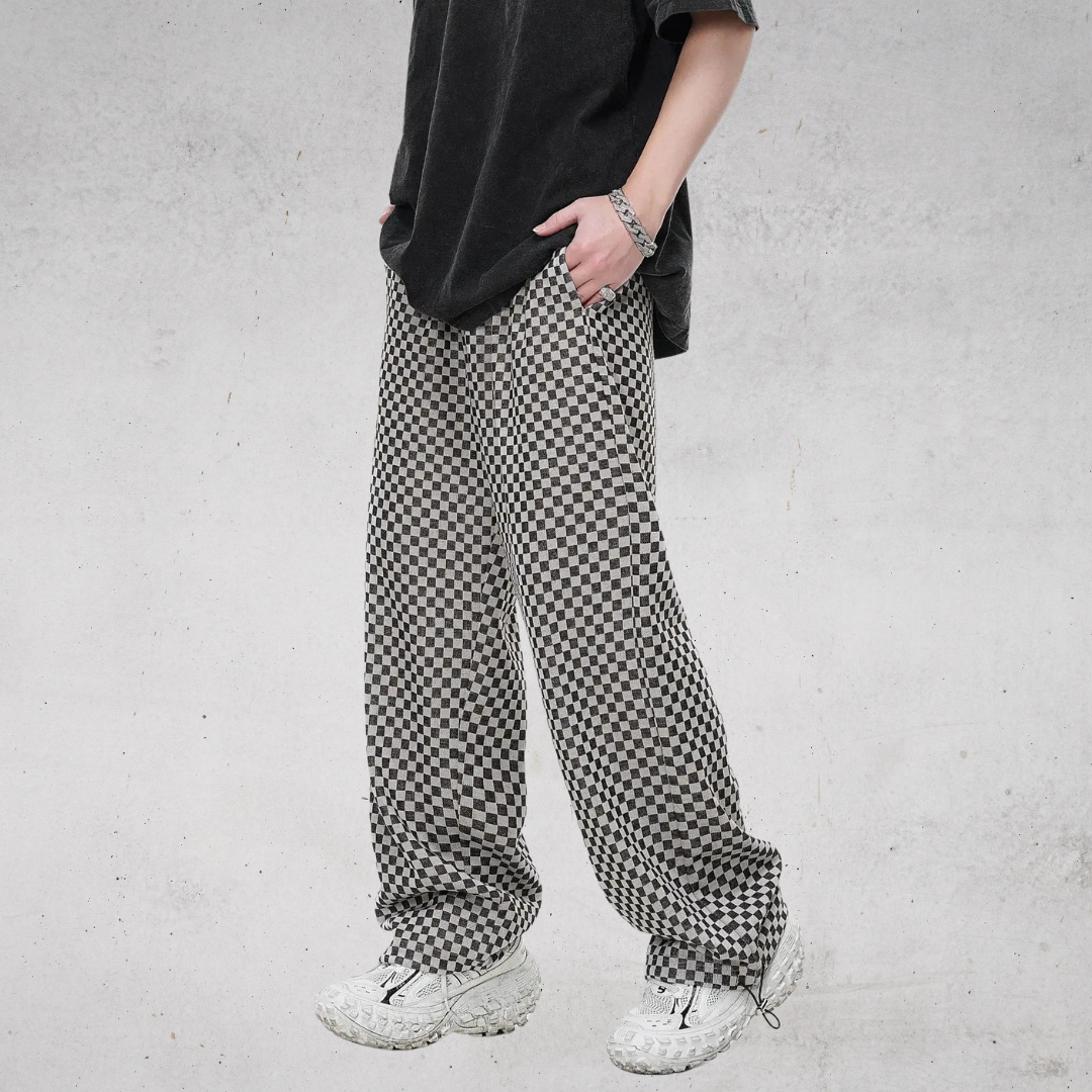 VINTAGE CHECKERED STRAIGHT LEG CASUAL PANTS-ヴィンテージライクチェックストレートレグカジュアルパンツ