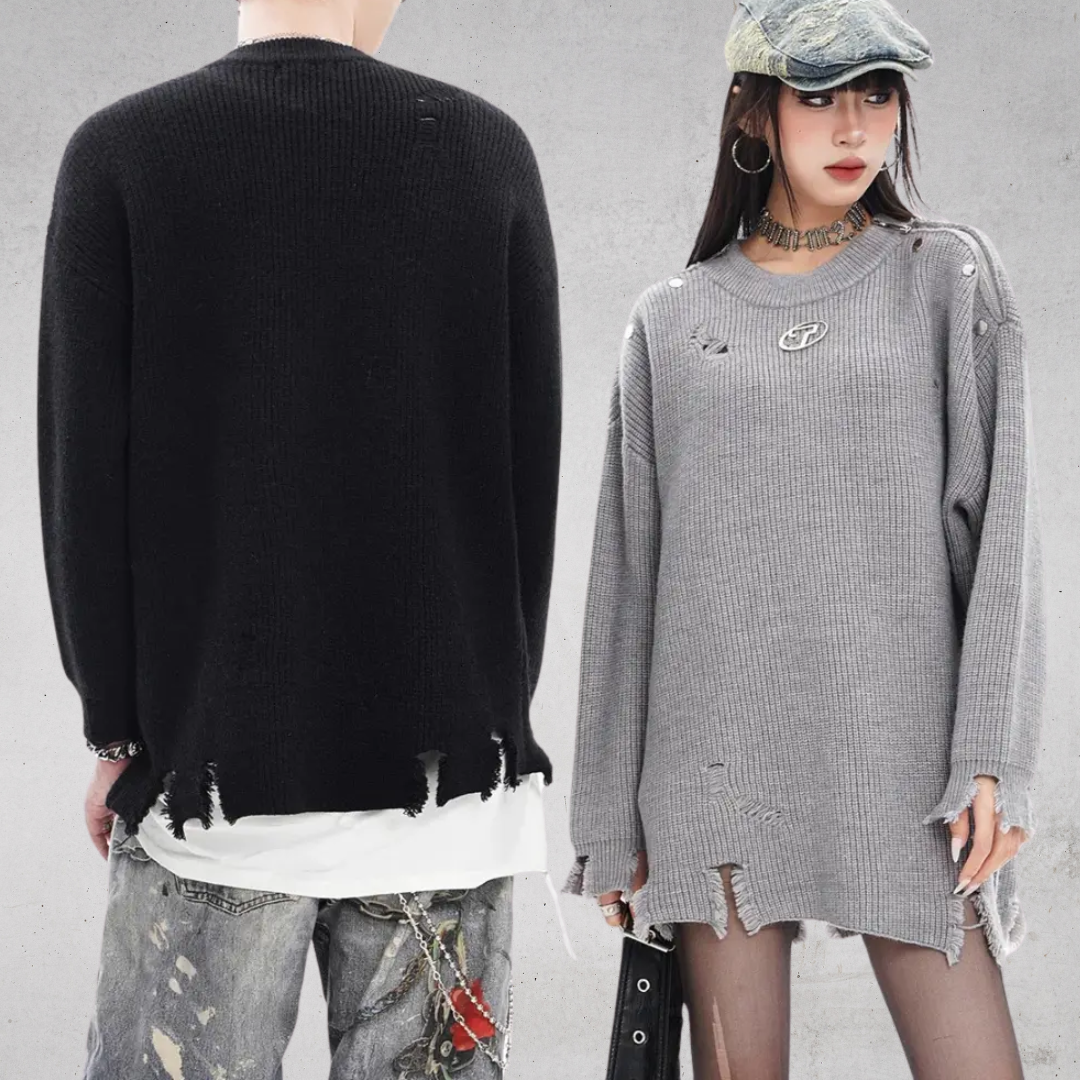 DISTRESSED OVERSIZED CREWNECK KNIT SWEATER-ディストレスト オーバーサイズ クルーネック ユニセックスニットセーター