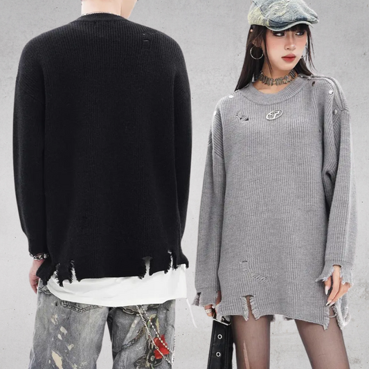 DISTRESSED OVERSIZED CREWNECK KNIT SWEATER-ディストレスト オーバーサイズ クルーネック ユニセックスニットセーター