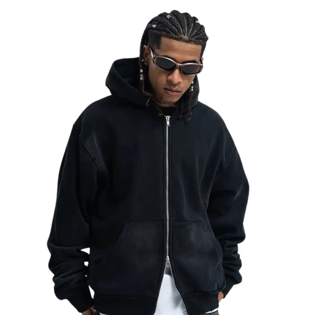 LAWFOO WASHED BLACK ZIP-UP HOODIE