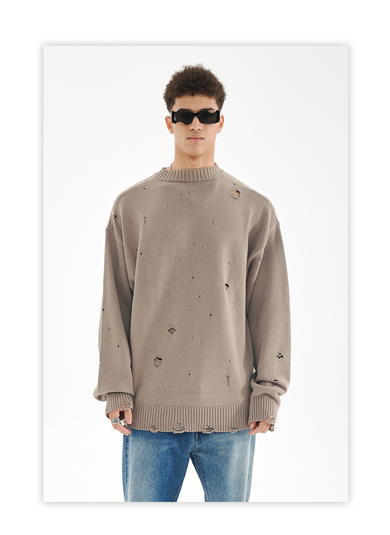 【大人気商品・再入荷】ダメージ加工 長袖ニット・セーター ユニセックス ストリートトップス 全4カラー