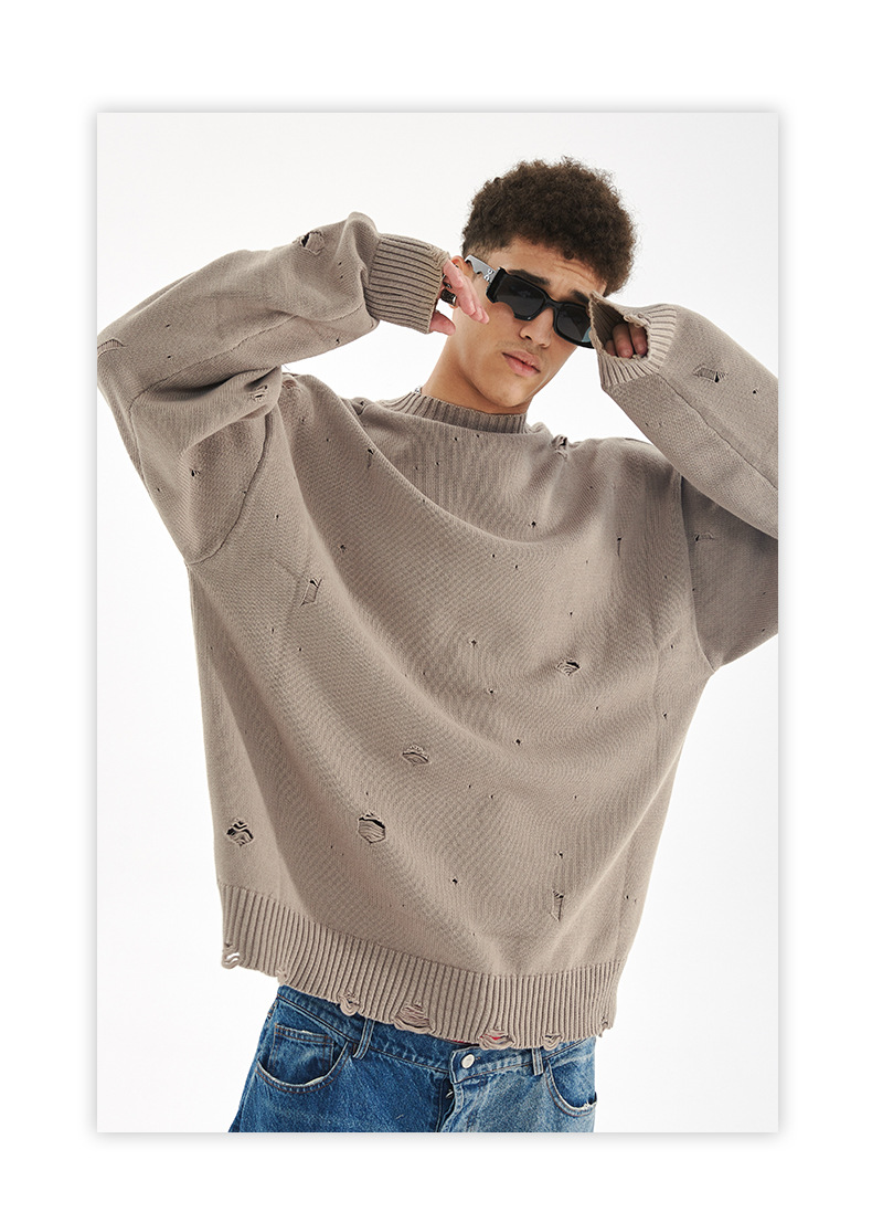【大人気商品・再入荷】ダメージ加工 長袖ニット・セーター ユニセックス ストリートトップス 全4カラー