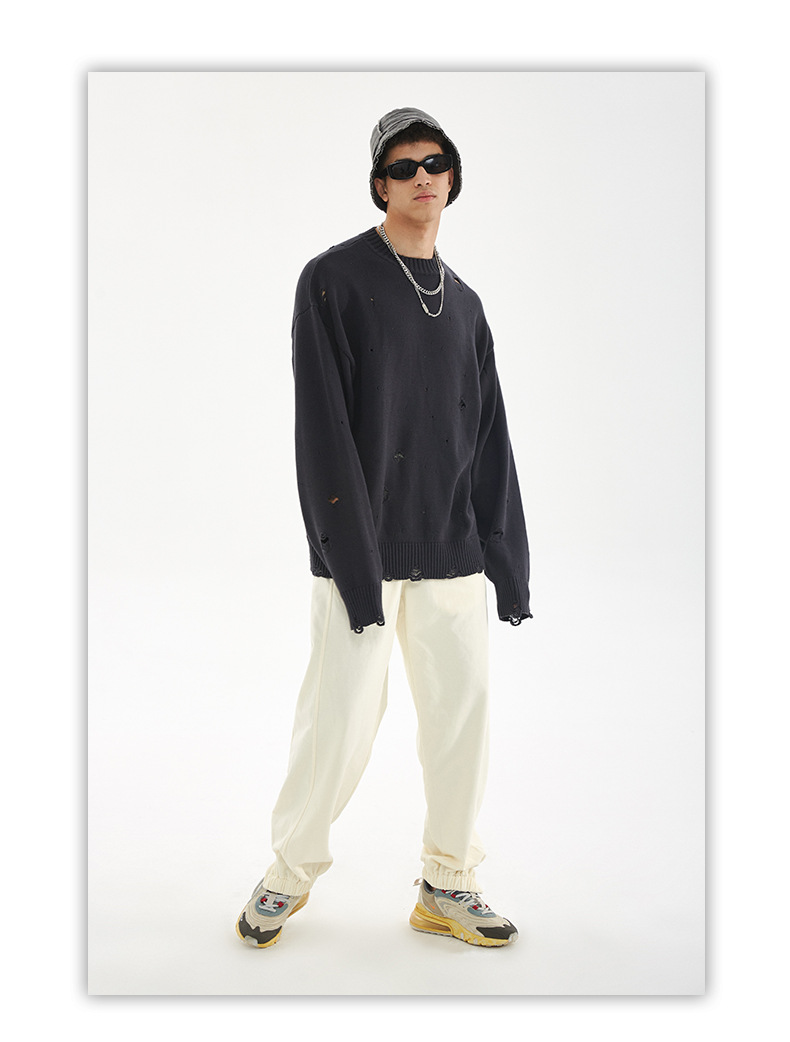 【大人気商品・再入荷】ダメージ加工 長袖ニット・セーター ユニセックス ストリートトップス 全4カラー