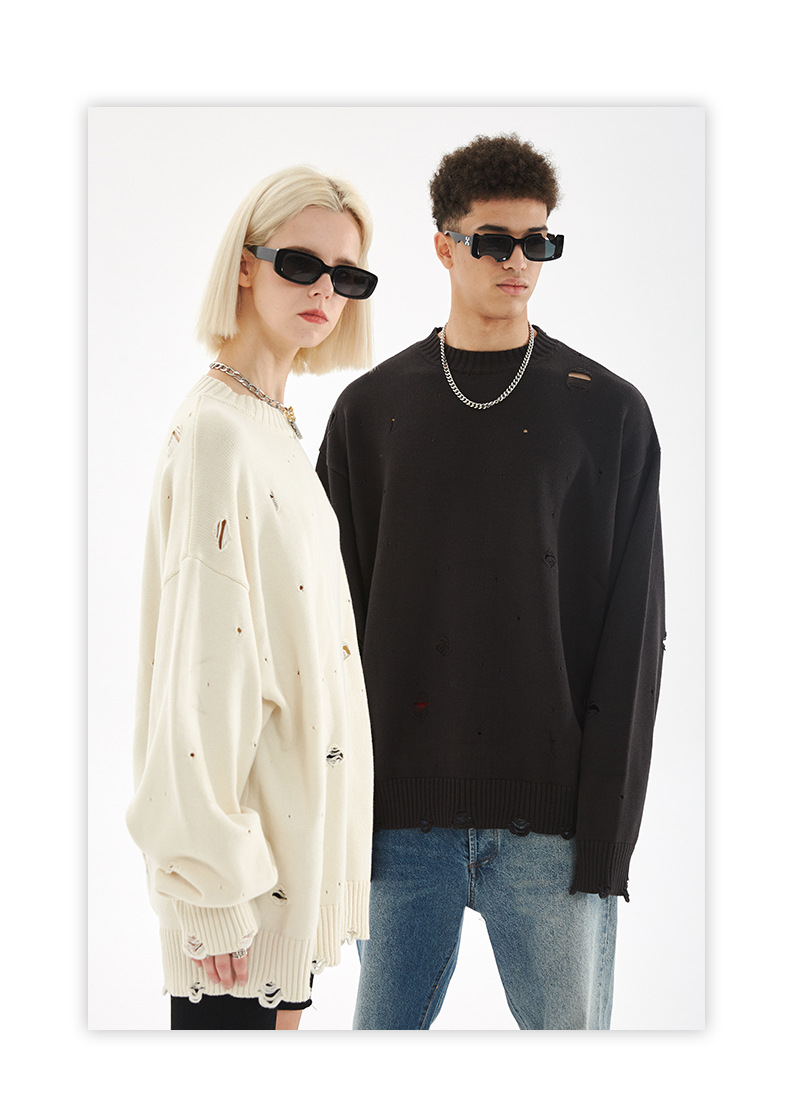 【大人気商品・再入荷】ダメージ加工 長袖ニット・セーター ユニセックス ストリートトップス 全4カラー