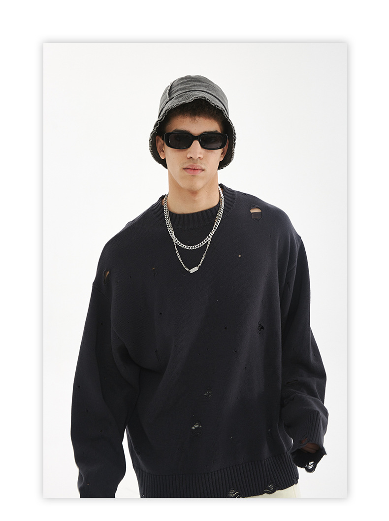 【大人気商品・再入荷】ダメージ加工 長袖ニット・セーター ユニセックス ストリートトップス 全4カラー
