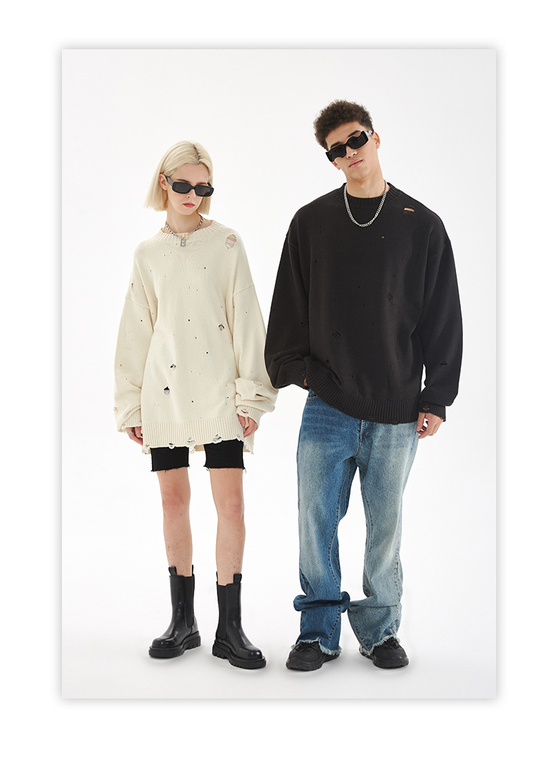 【大人気商品・再入荷】ダメージ加工 長袖ニット・セーター ユニセックス ストリートトップス 全4カラー