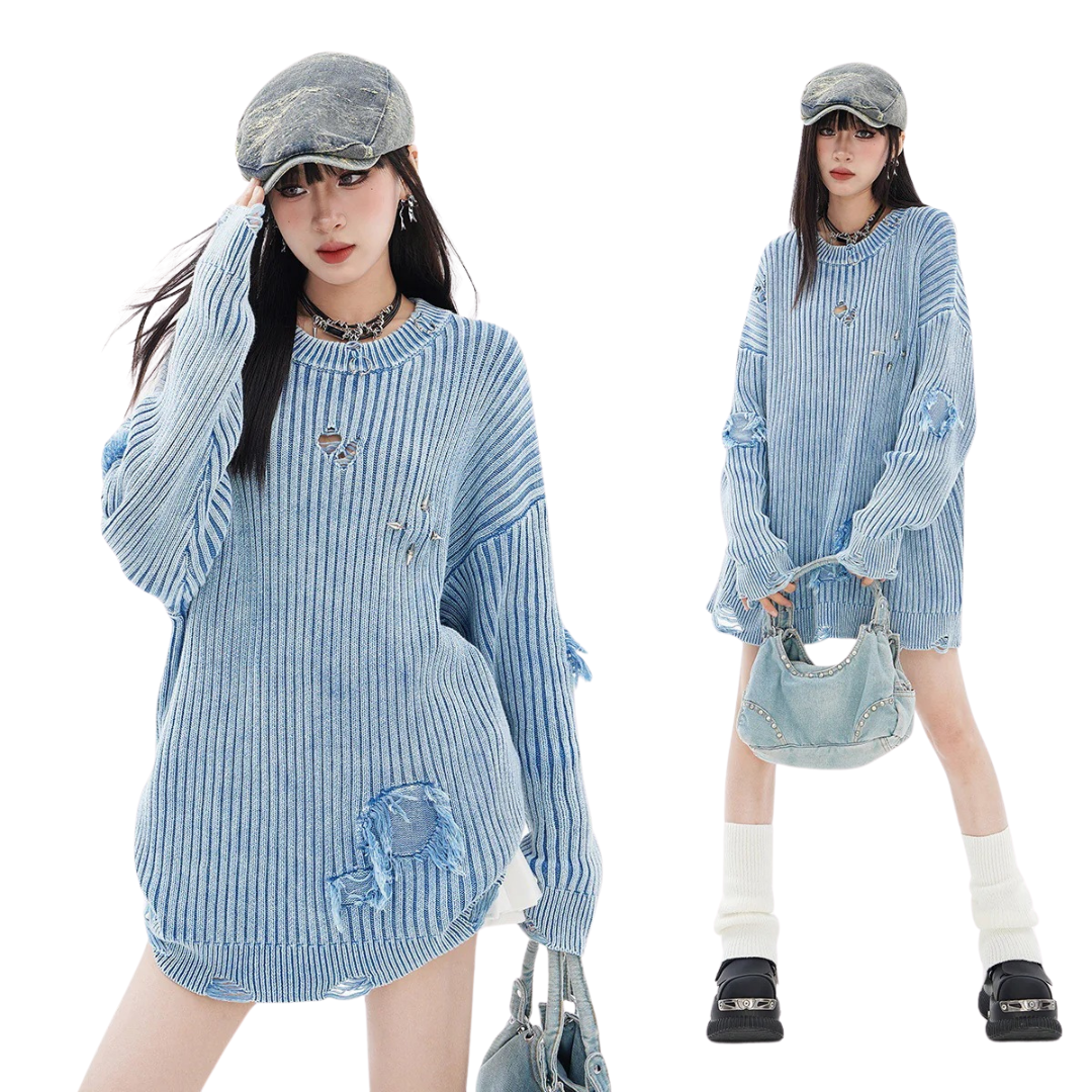 TIDE CARD LOG | 秋冬アメリカのレトロな古い洗水を作って穴を割ってゆったりとしたカップルのニットセーター