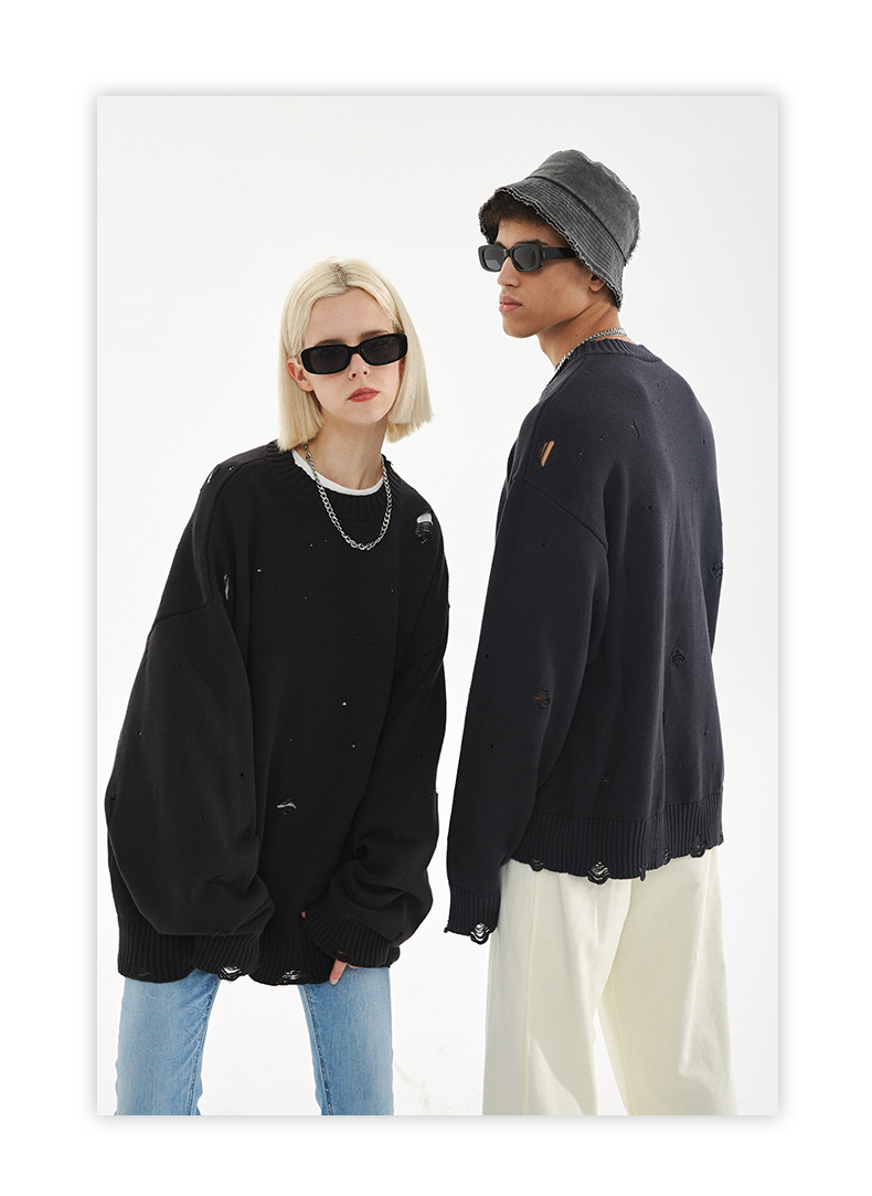 【大人気商品・再入荷】ダメージ加工 長袖ニット・セーター ユニセックス ストリートトップス 全4カラー