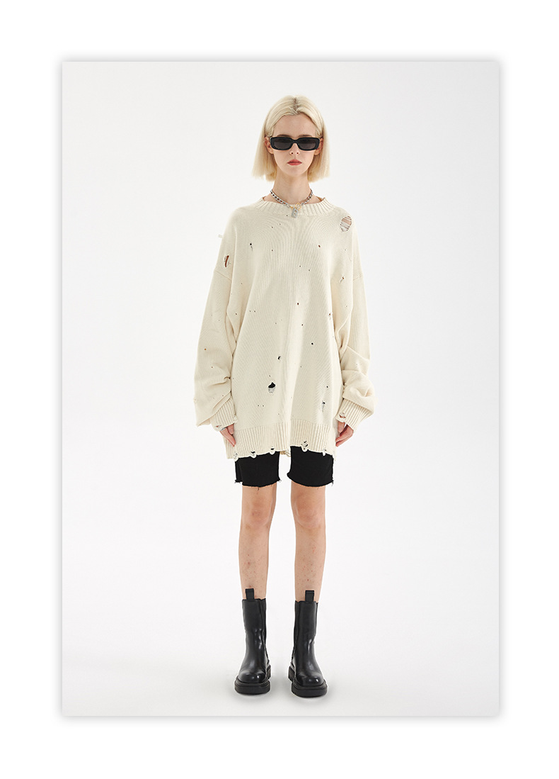 【大人気商品・再入荷】ダメージ加工 長袖ニット・セーター ユニセックス ストリートトップス 全4カラー