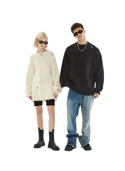 ダメージ加工 長袖ニット・セーター ユニセックス ストリートトップス 全3カラー Mira Gemini