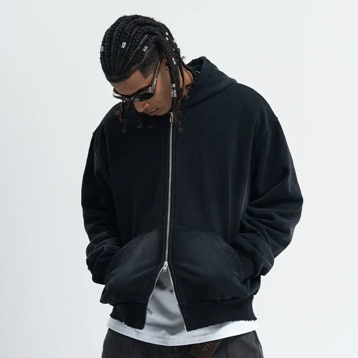 LAWFOO WASHED BLACK ZIP-UP HOODIE-ウォッシュドブラック ジップアップ フーディー Mira Gemini