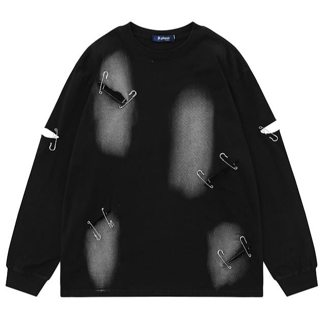 DISTRESSED SAFETY PIN LONG TEE(ダメージ×ピン付きロングTシャツ)