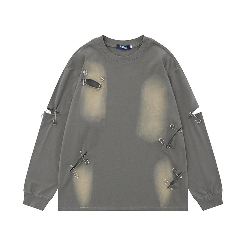 DISTRESSED SAFETY PIN LONG TEE(ダメージ×ピン付きロングTシャツ)