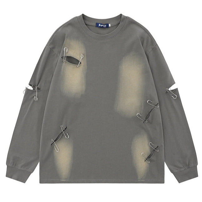 DISTRESSED SAFETY PIN LONG TEE(ダメージ×ピン付きロングTシャツ)