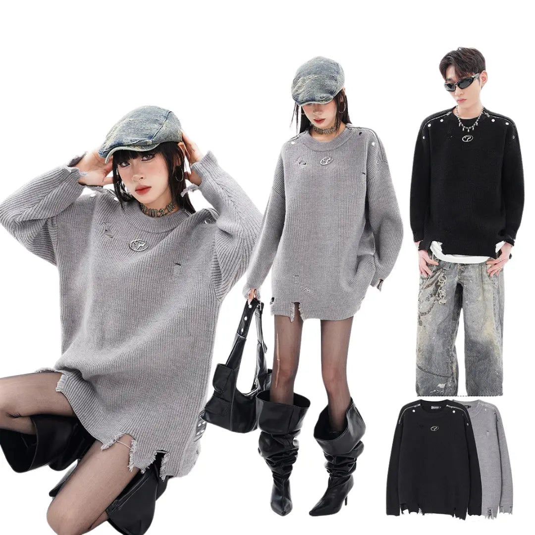 DISTRESSED OVERSIZED CREWNECK KNIT SWEATER