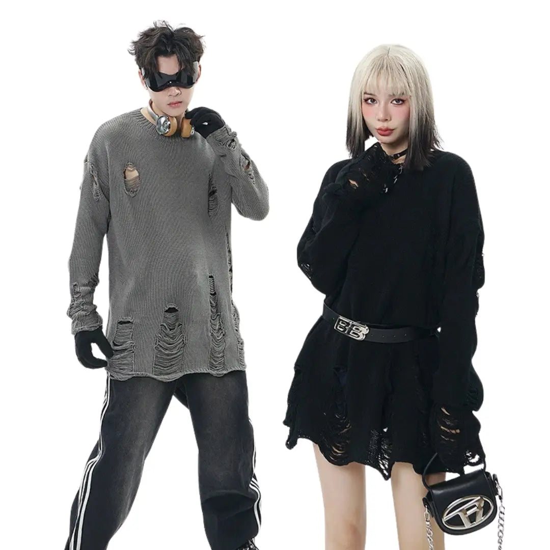 DISTRESSED OVERSIZED JACQUARD KNIT SWEATER