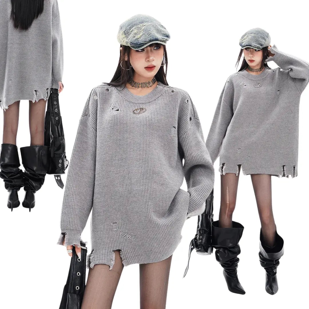 DISTRESSED OVERSIZED CREWNECK KNIT SWEATER