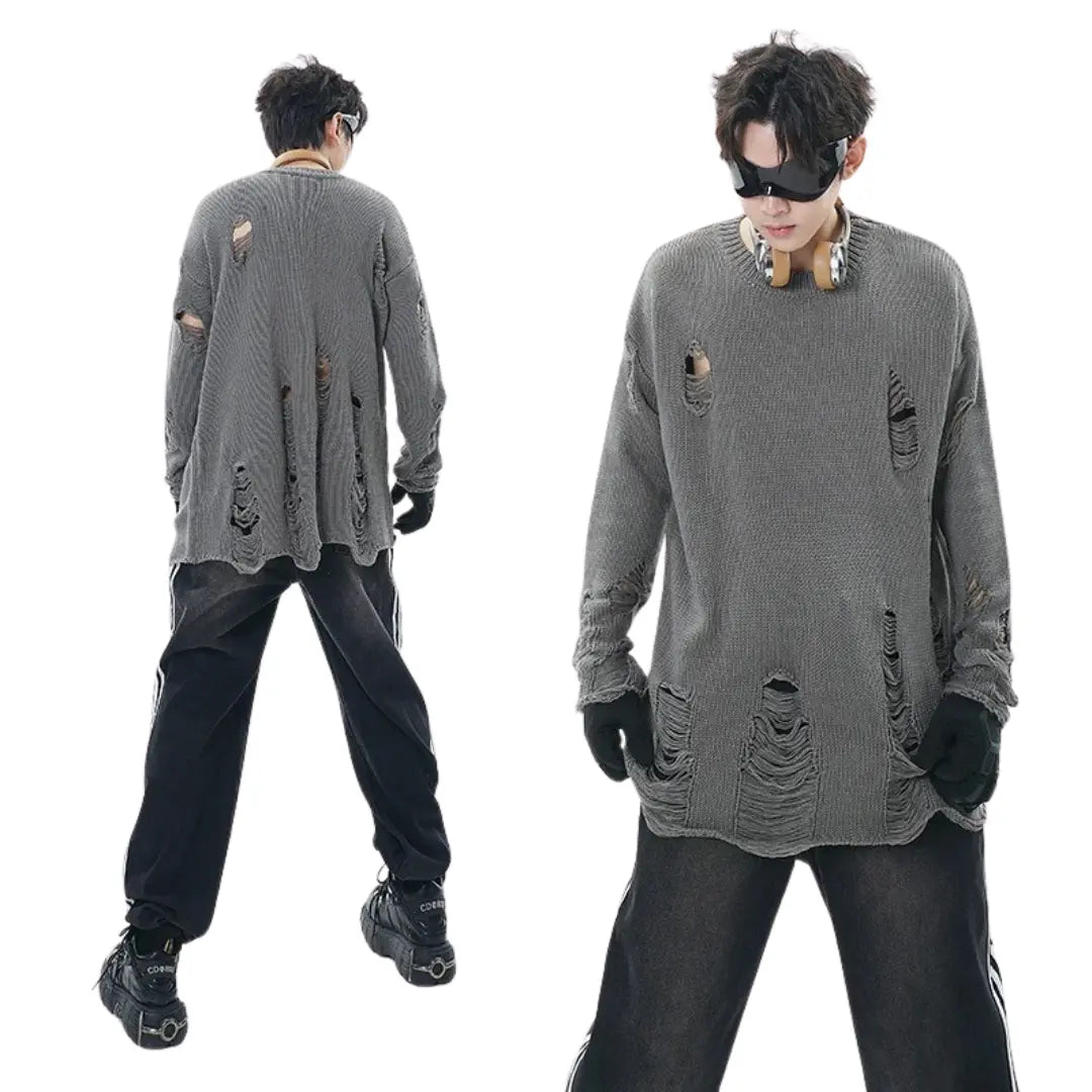 DISTRESSED OVERSIZED JACQUARD KNIT SWEATER