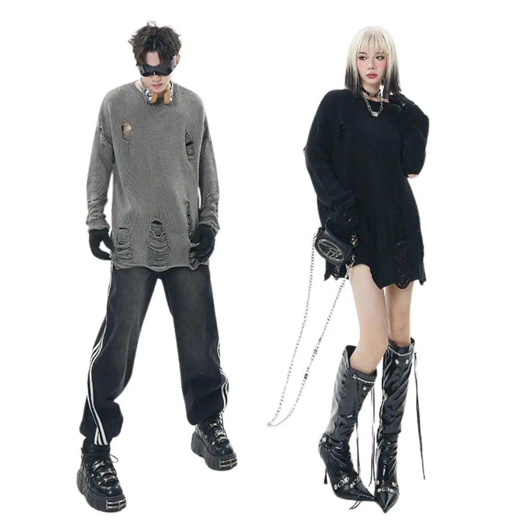 DISTRESSED OVERSIZED JACQUARD KNIT SWEATER