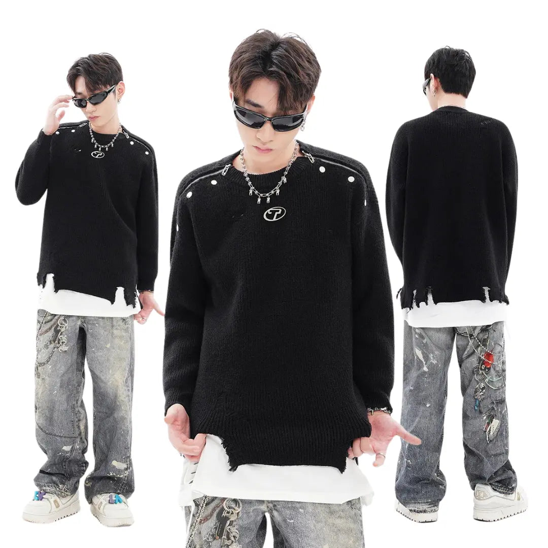DISTRESSED OVERSIZED CREWNECK KNIT SWEATER