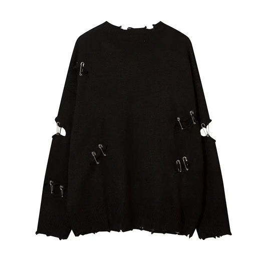SAFETY PIN CUTOUT KNIT SWEATER - セーフティピンカットアウトダメージニットセーター - Mira Gemini