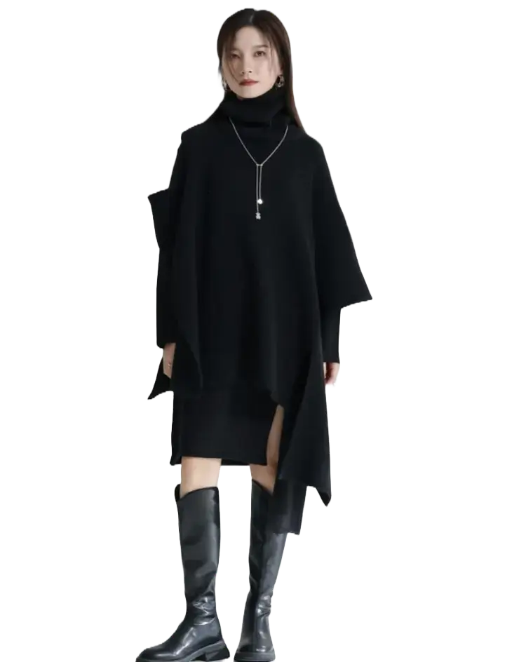 【人気商品】デザインセンス スリム フォーク イレギュラー ニットワンピース&マントコート【2点セット】 Mira Gemini