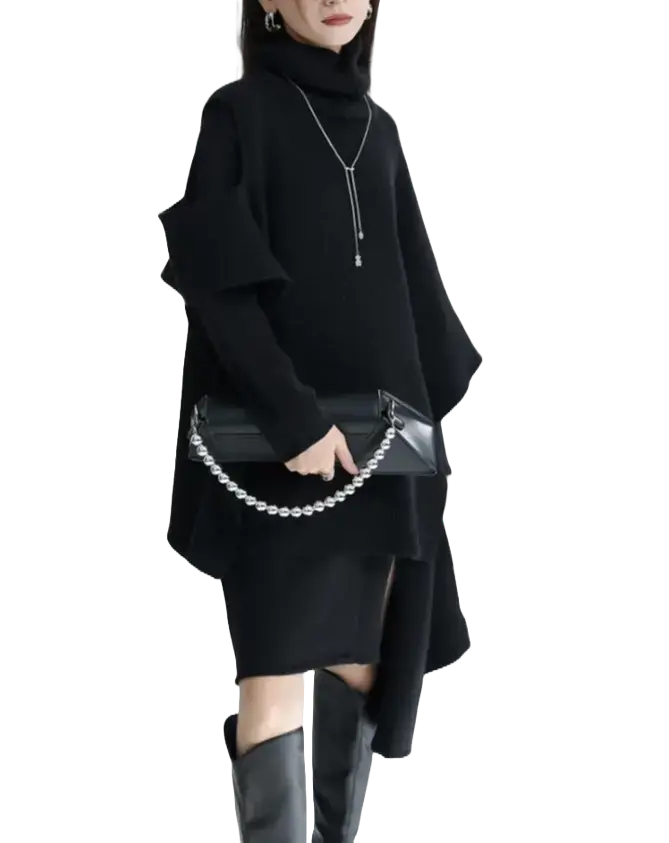 【人気商品】デザインセンス スリム フォーク イレギュラー ニットワンピース&マントコート【2点セット】 Mira Gemini