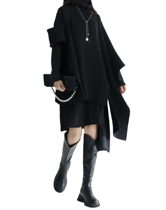 【人気商品】デザインセンス スリム フォーク イレギュラー ニットワンピース&マントコート【2点セット】 Mira Gemini